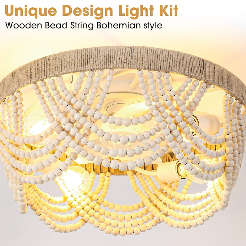 20" Smart Bohemian Wood Bead Beige Ceiling Fan with Remote and Light and APP Control - 19.7" D x 19.7" W x 10.1" H