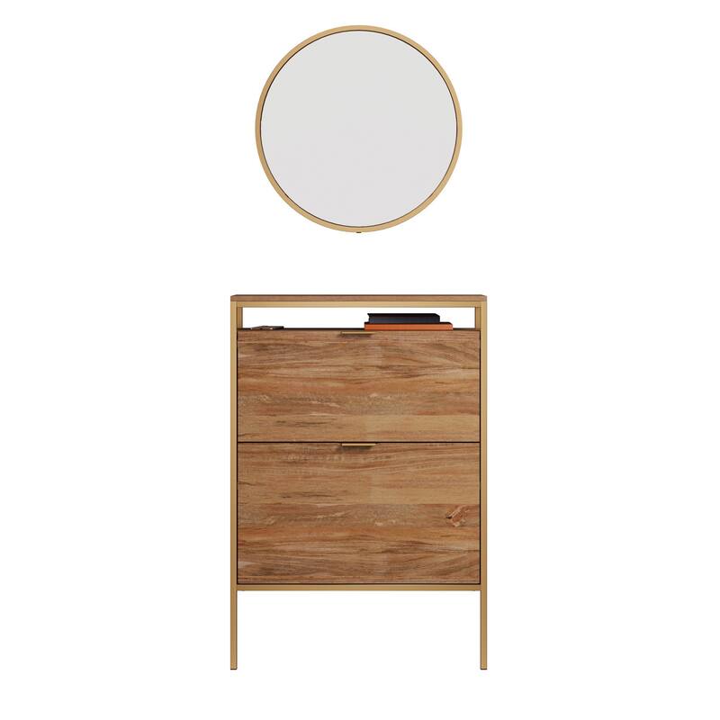 Wood Wall-Mounted Shoe Cabinet with Mirror, Brown - 30.24"W x 10.12"D x 44.02"H