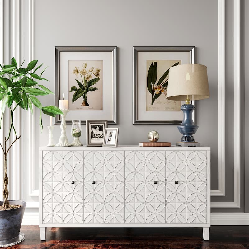 60" Modern Wash White 4 Door Wooden Sideboard Buffet Server Accent Storage Cabinet