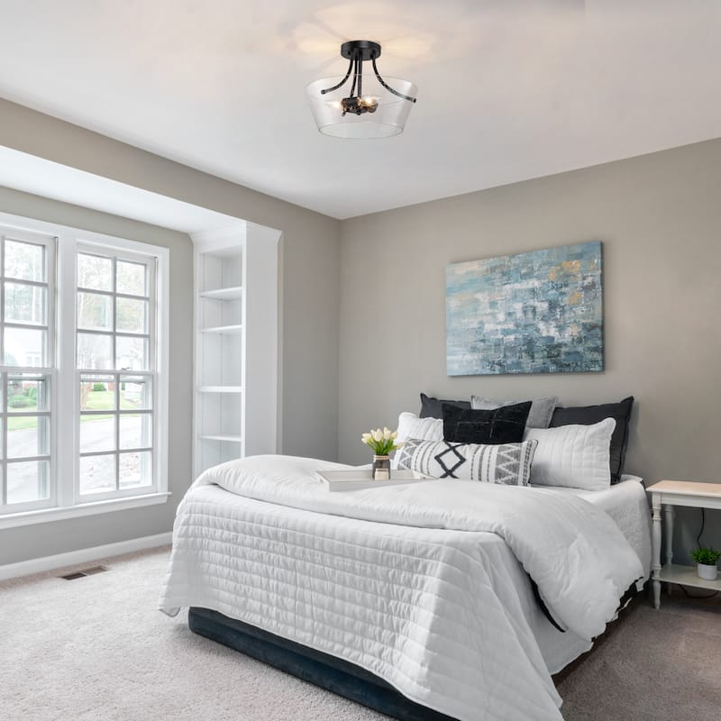 Modern 3-Light Drum Glass Semi-Flush Mount Ceiling Light - Black - D13"xH10"