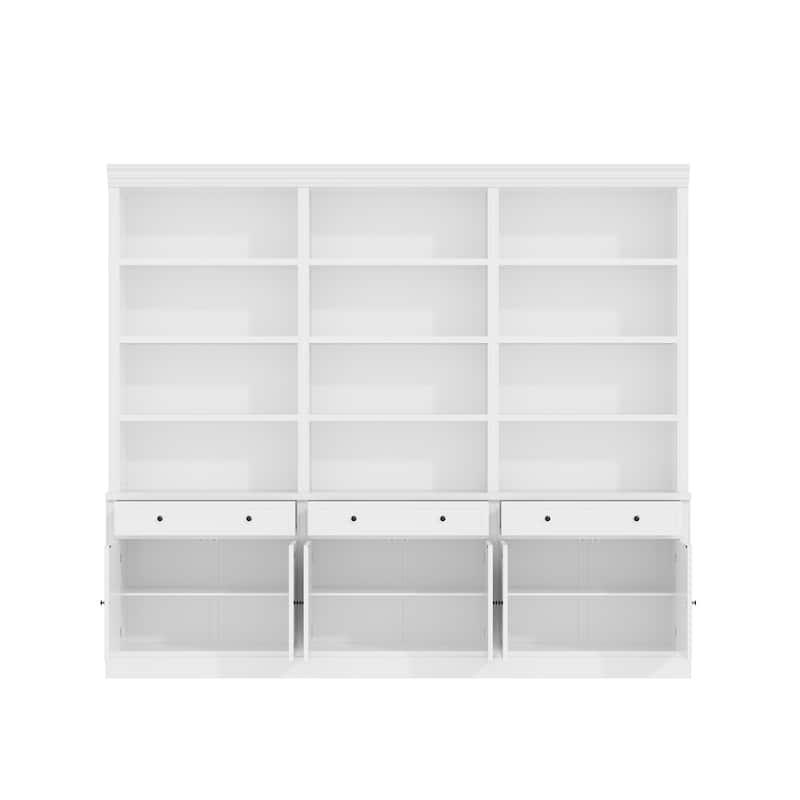 102.4" Large 6-Door Bookshelf w/Drawers Solid Pine Top Display Bookcase Bronze Handles White Storage Cabinet