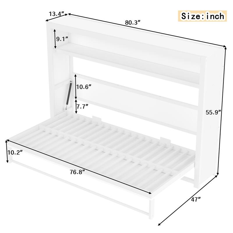 Twin Size Murphy Bed with Shelves, Metal Wall Bed with Foldable and Space-saving Design