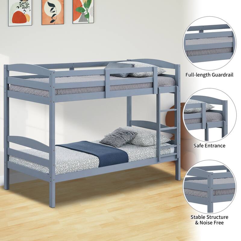 Grey Wood Twin Over Twin Bunk Bed with Staircase