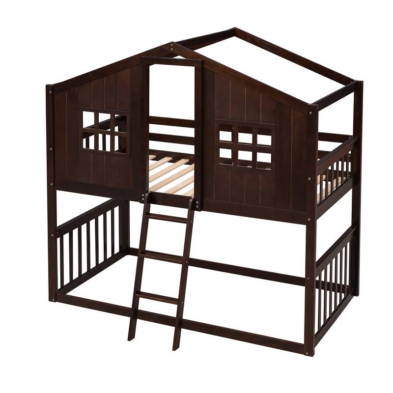 Twin Over Twin Bunk Bed House Shape Design Solid Wood Construction with Ladder