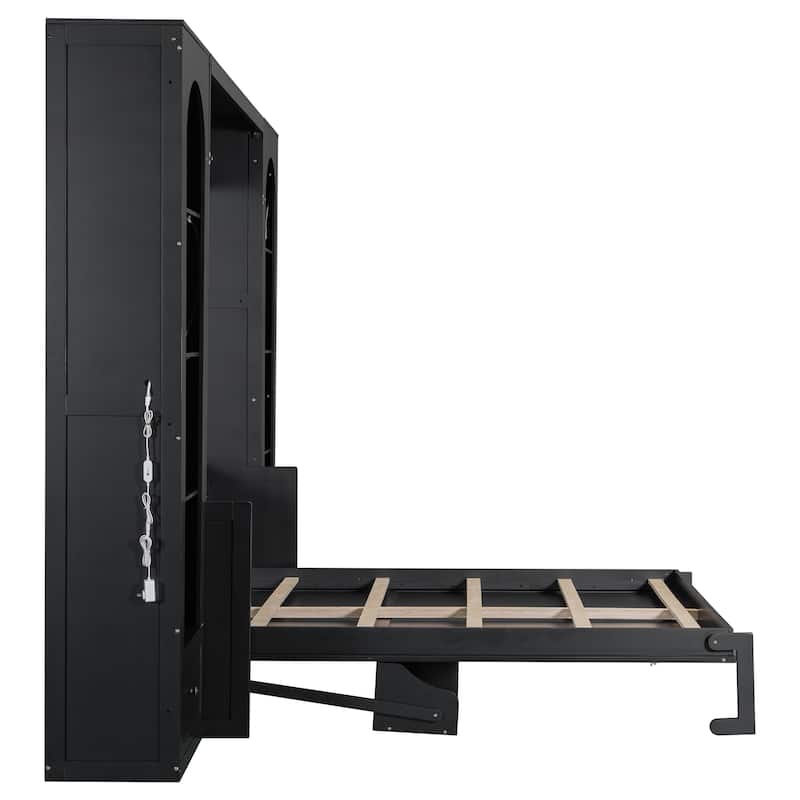 Murphy Bed Queen Size Bookcase Bed Platform Bed with Side Cabinets and 2 Drawers, Elegant French Folding Bed LED Wall Bed