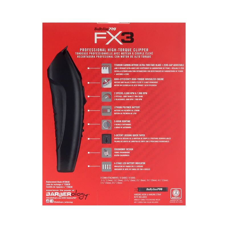 BaByliss Pro FX3 Black High Torque Cordless Clipper FXX3CB (Black) + BaByliss Pro Fade Brush BPFADEB + BaByliss Pro 9" Comb