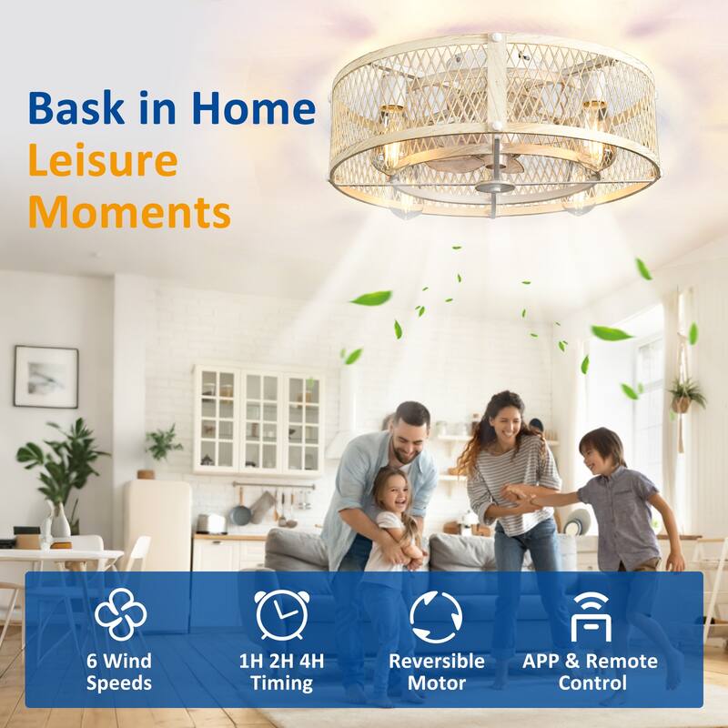 20-26Inch Caged Ceiling Fan with Light and Remote: APP Control Quiet DC Motor (E26 Bulbs Included)