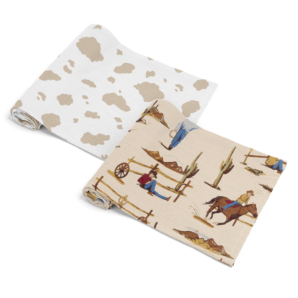 Sweet Jojo Designs Western Cowboy Boy 2 Pack 100% Cotton Muslin Baby Swaddle Receiving Blankets - Cow Print, Wild West, South