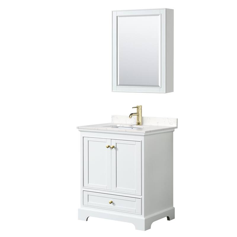 Wyndham Collection Deborah 30" Free Standing Single Basin Vanity Set - White / Carrara Cultured Marble Top / Brushed Gold