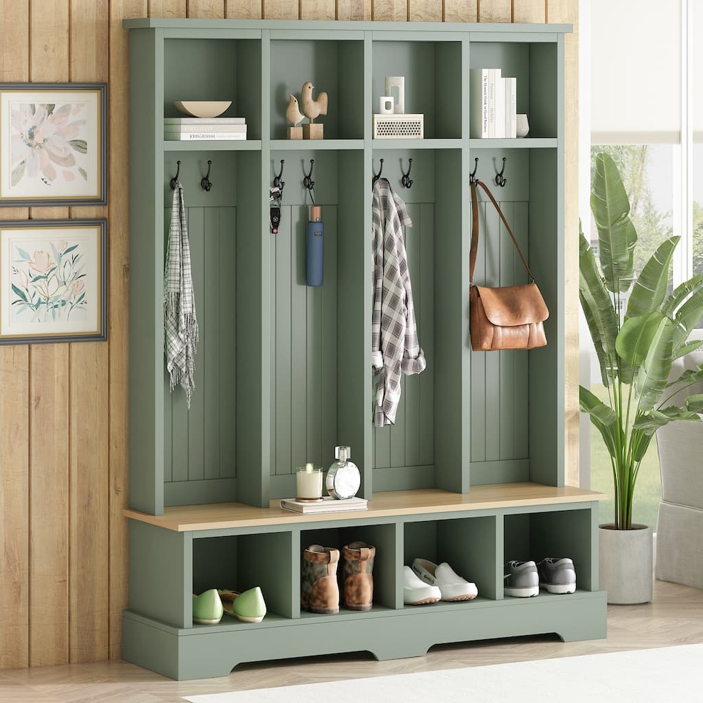 59"W Farmhouse Hall Tree Bench, 8-Hook Coat Rack & Shoe Storage, 76.7"H Modern 3-in-1 Entryway Organizer for Living Room