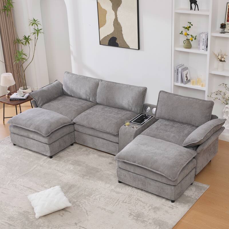 U-Shaped Chenille Modular Sofa with Bluetooth Speakers, Wireless Charging, Storage Console, 2 Cup Holders & Movable Ottoman