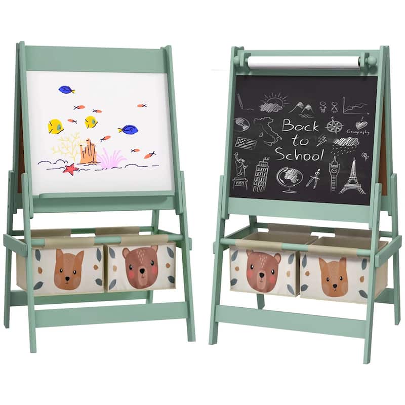3-in-1 Kids Art Easel with Blackboard Whiteboard Paper Roll Storage Baskets Adorable Animal Design for Toddlers