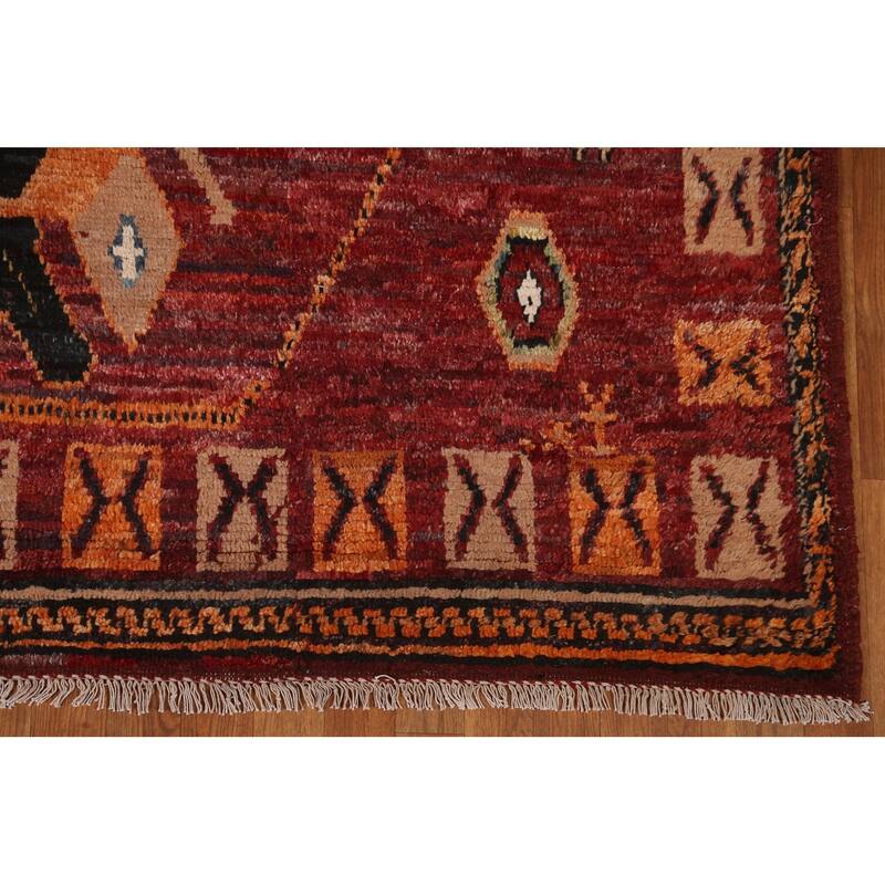 Hand Knotted Oriental 100% Wool Carpet Modern Tribal Red Moroccan Area Rug - 9' 10'' X 6' 11''