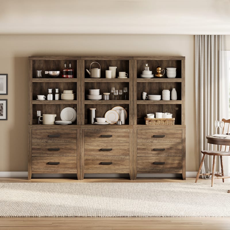 3-Tier Bookshelf with 3 Large Drawers, 74" Tall Farmhouse Bookcase with Wide Metal Handles, for Living Room, Office, Library