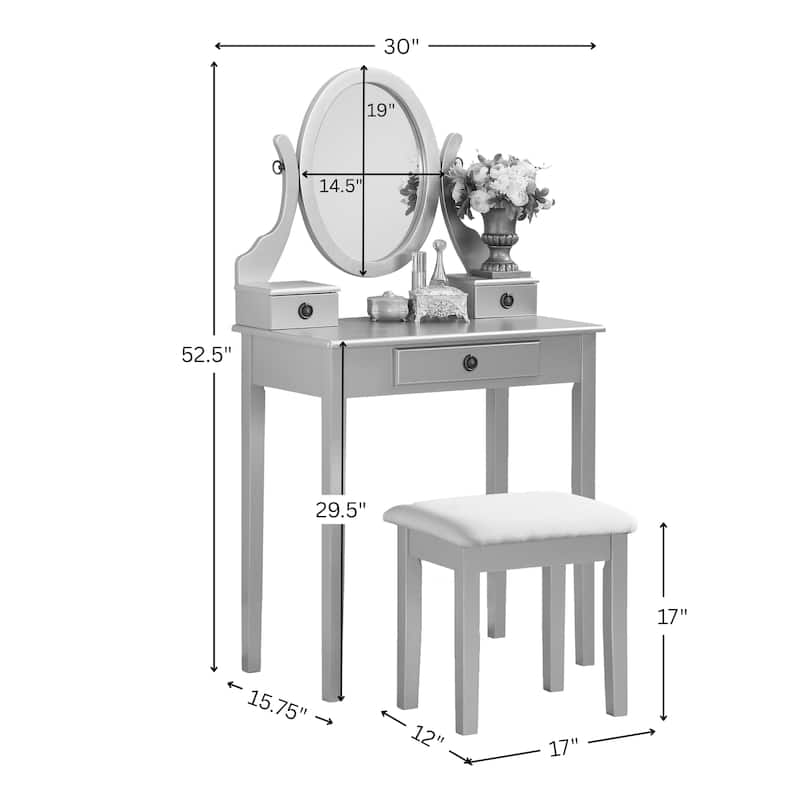 Roundhill Furniture Moniys Wood Moniya Makeup Vanity Table and Stool Set