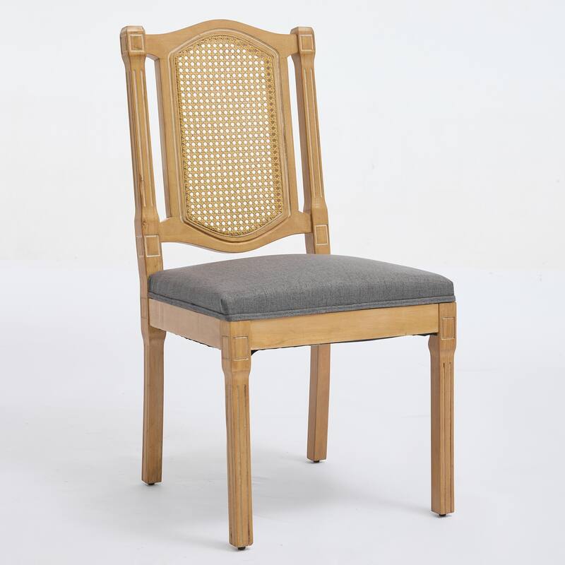 Set of 2 Full Solid Wood Rattan-Back Dining Chair, Matte Linen Cushion with High-Resilience Foam & S-Springs