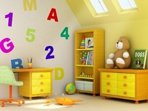 Bright wall covering decals in a childs room