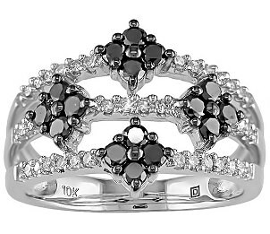 An ornate and unique black diamond ring with white diamonds and a 