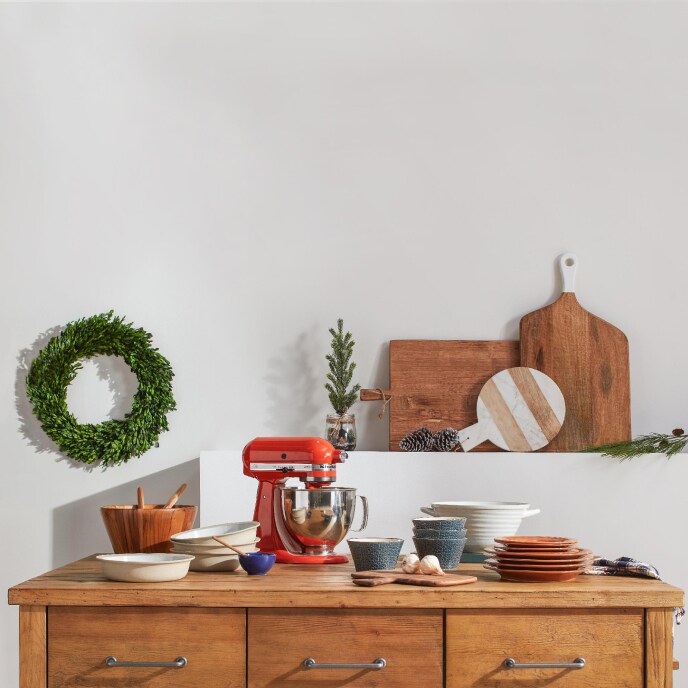 a kitchen with a retro refrigerator and a large island available online at overstock