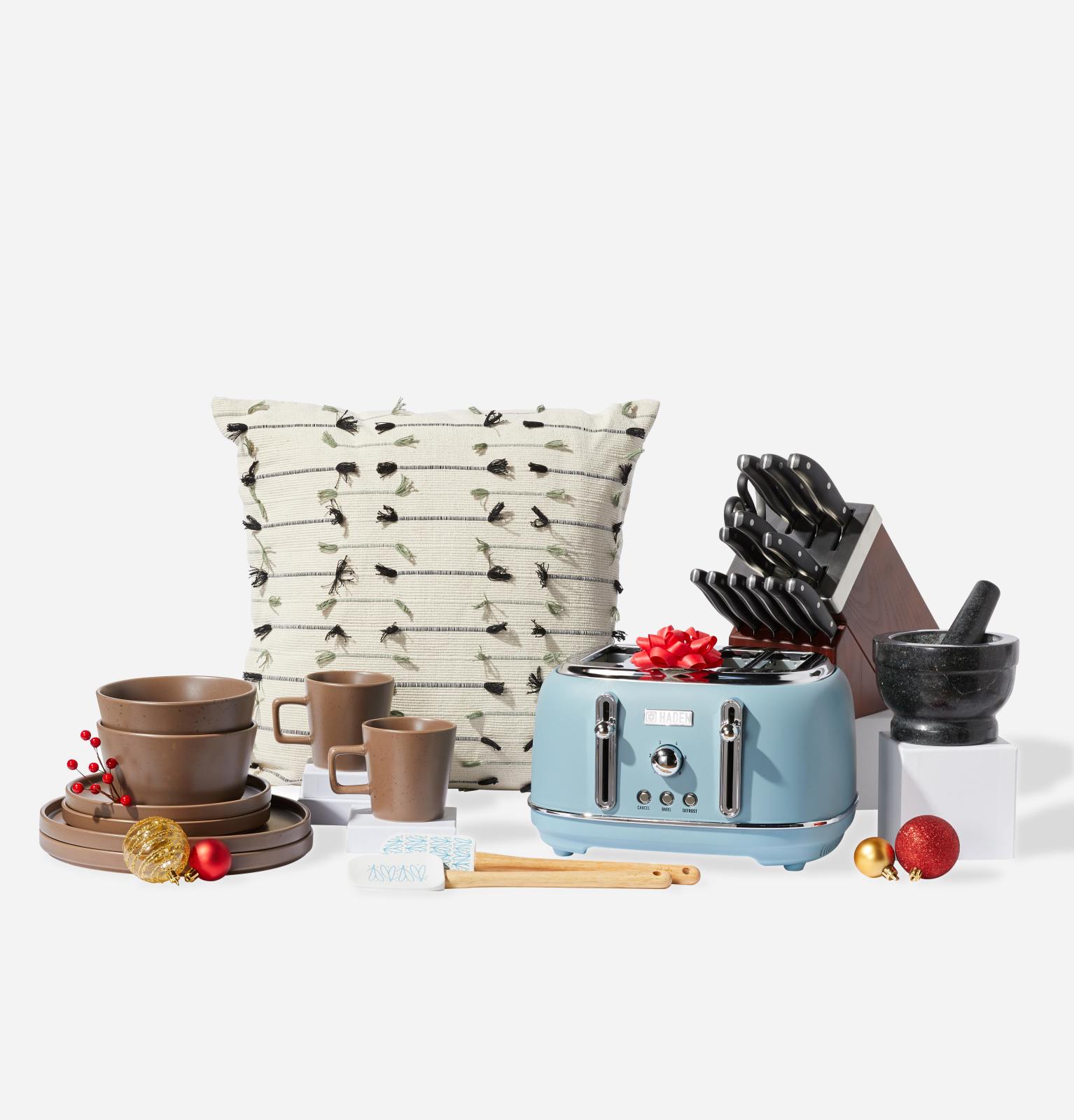 dishware, a throw pillow, a toaster, and other home focused gift options available online at overstock