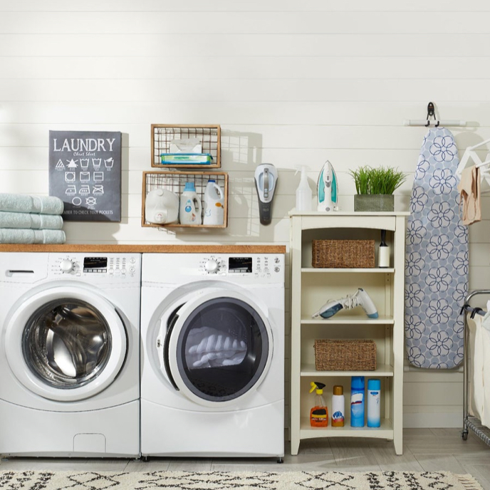A washer and dryer in a neat laundry room available online with other home improvement at Overstock