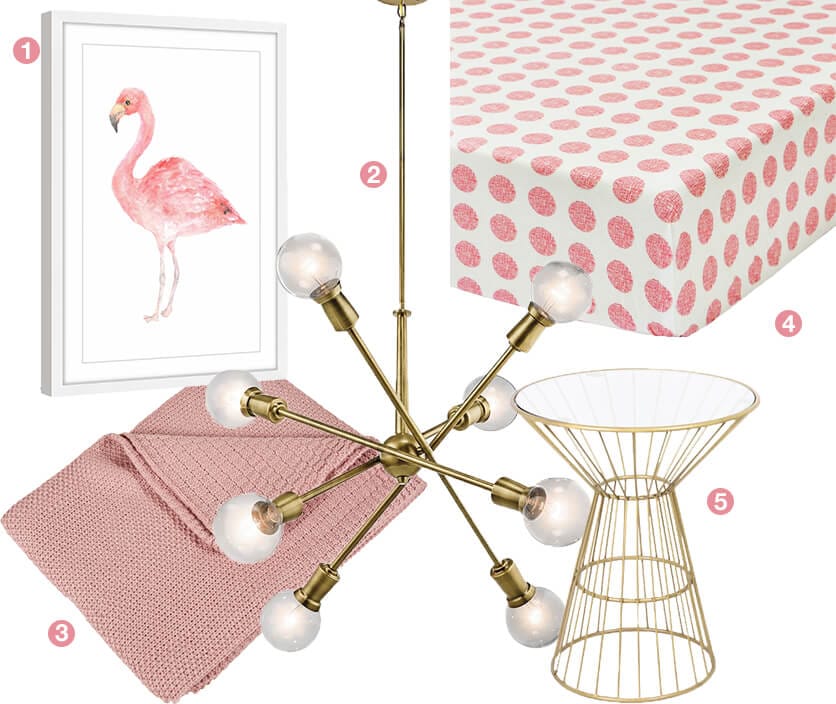 Perfectly Pink A collage of baby girl nusery items; a pink flamingo wall art, a gold chandelier, pink polka dot crib sheets, a gold side table, and a pink baby blanket