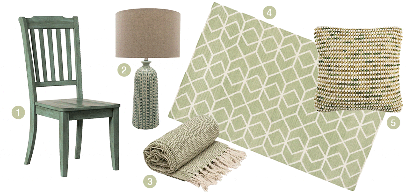 A collection of sage colored products, a sage area rug, sage green  chairs, sage green throw pillow, sage green table lamp, sage green throw blanket