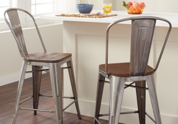 Metal bar stools with wooden seats in a white kitchen