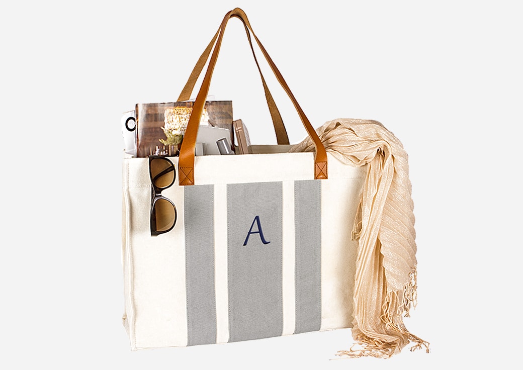 Monogrammed white and grey stripped tote