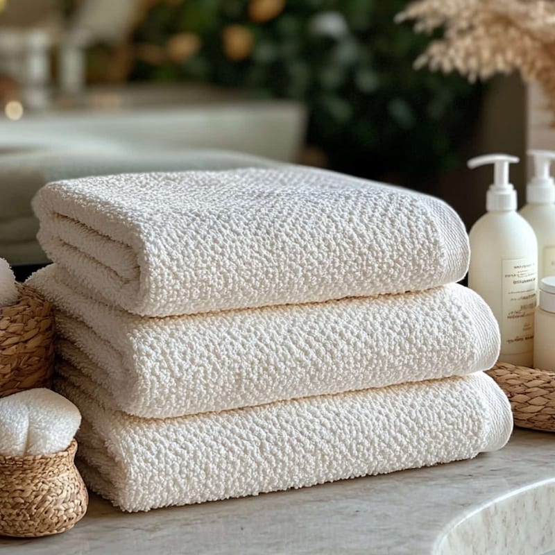 Bathroom with a wooden, marble-topped double vanity against a wall with blue, vintage wall paper and two oval mirrors.
