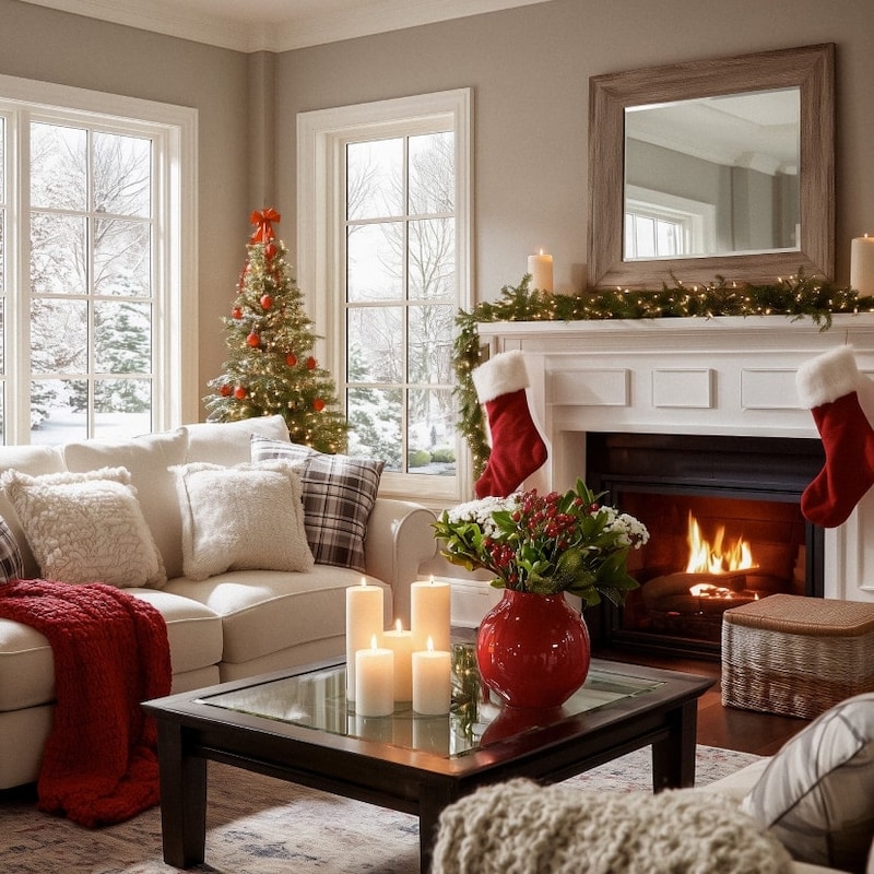 Living room in the winter, a decorated Christmas tree behind a sofa with throw pillows and a red throw blanket, next to a fireplace with stockings hung.