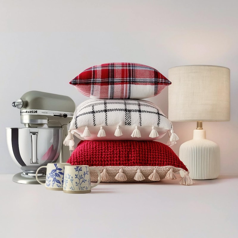A display of giftable items, including a gray KitchenAid mixer, a lamp, two mugs, and a stack of red and white throw pillows.