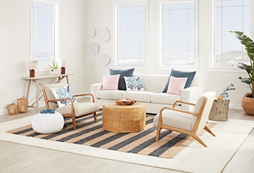 Modern living room with a couch, coffee table atop a striped rug and nautical-themed accents