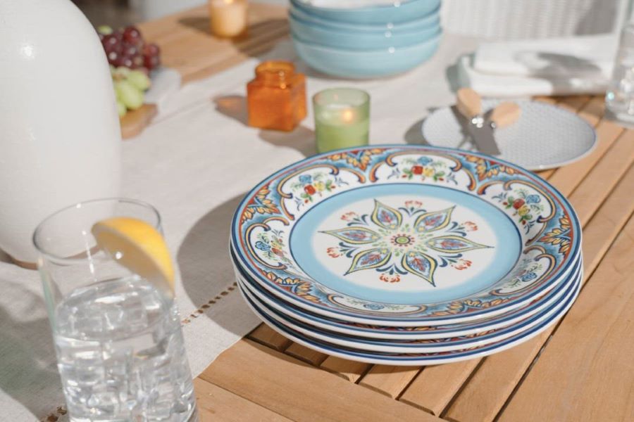 Stack of colorful plates on a table