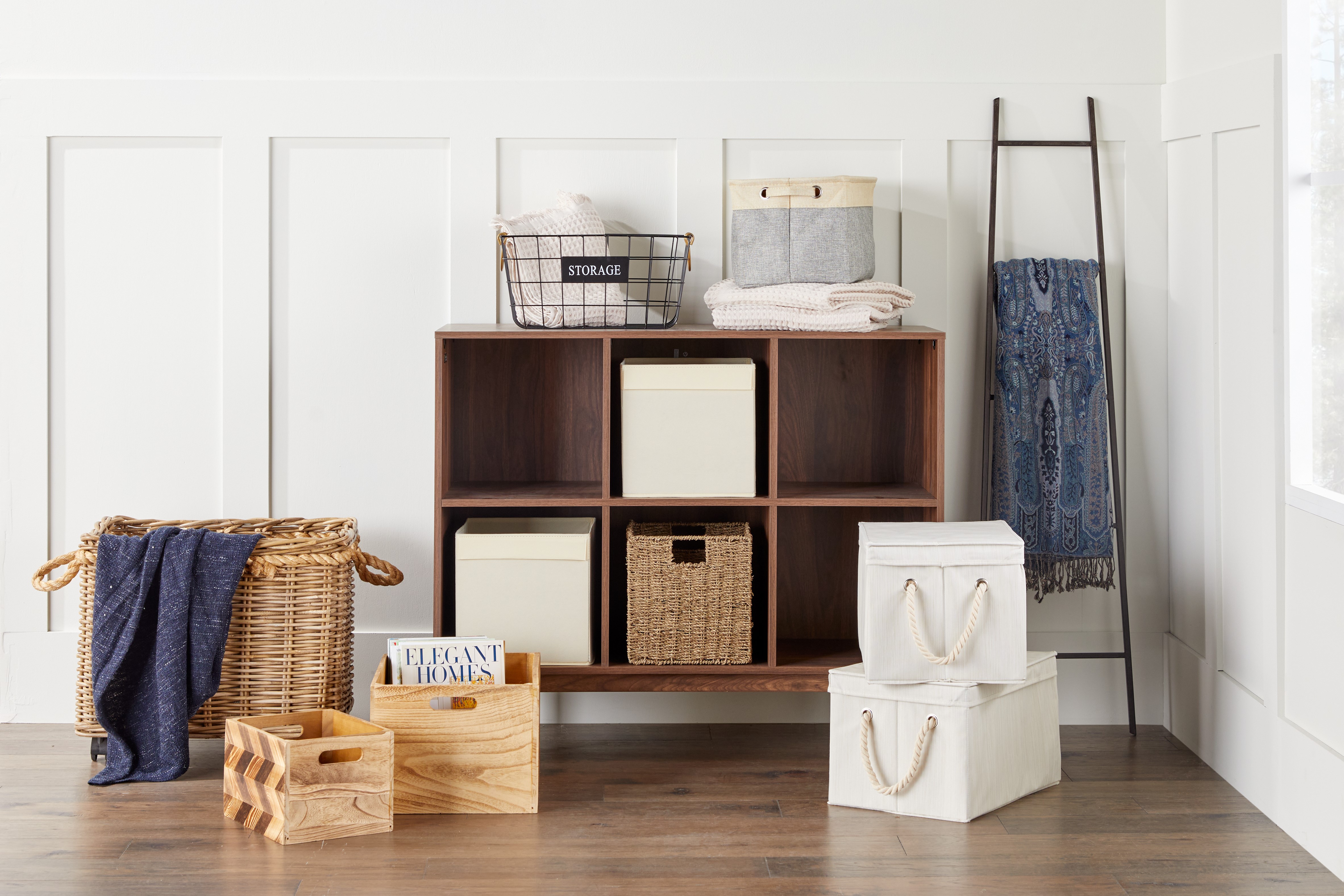 Shelf with baskets, crates, and boxes