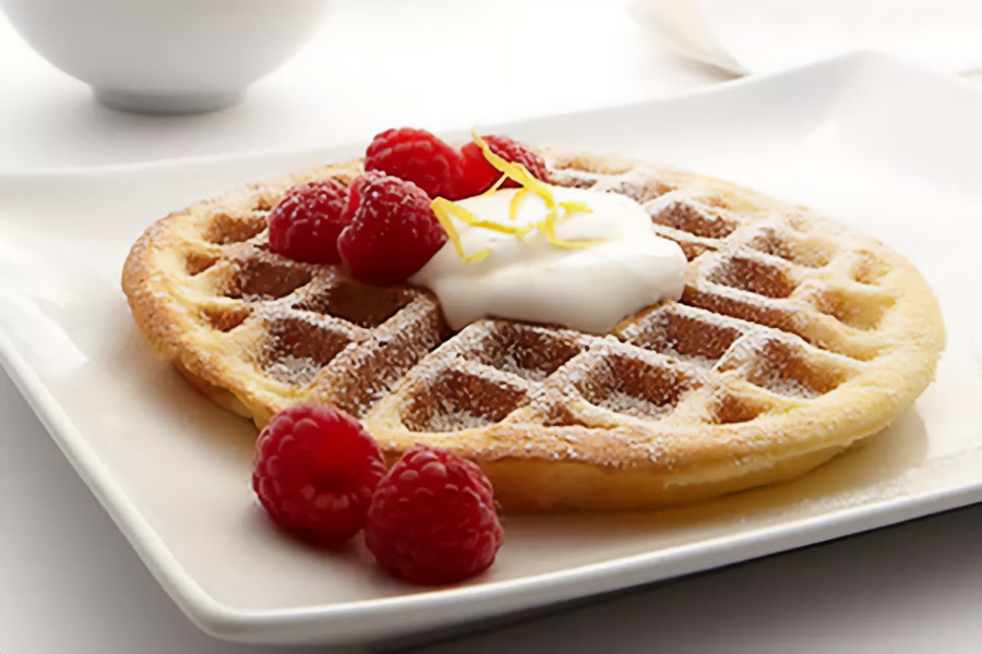 Lemony Belgian Waffles with Sweet Crème Fraiche and Raspberries Recipe