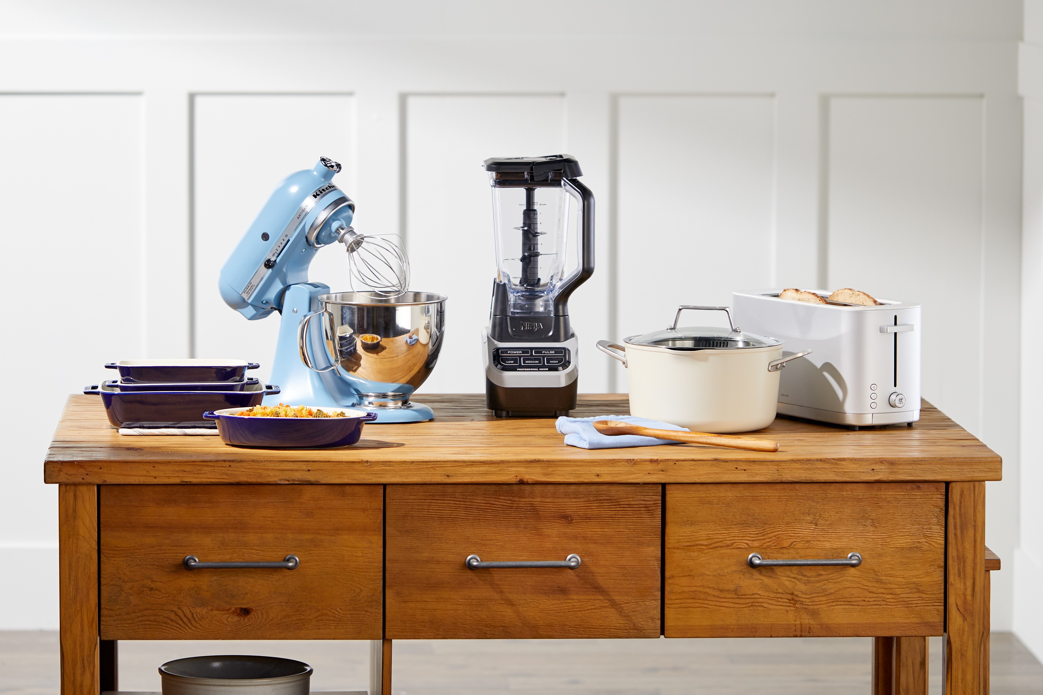 Display of various small kitchen appliances on a counter