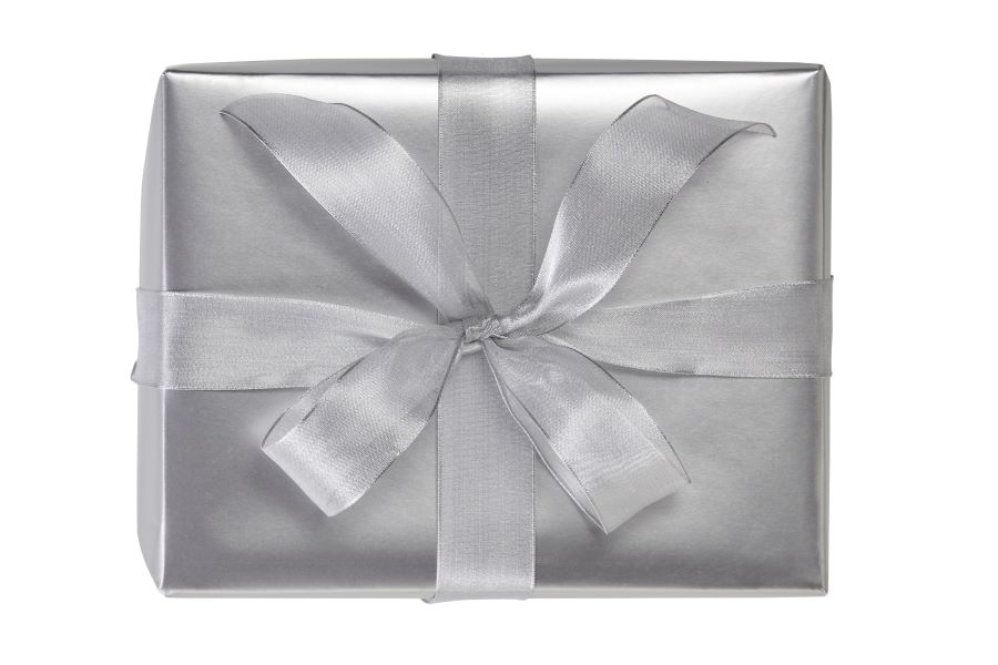 Gift wrapped in silver wrapping paper