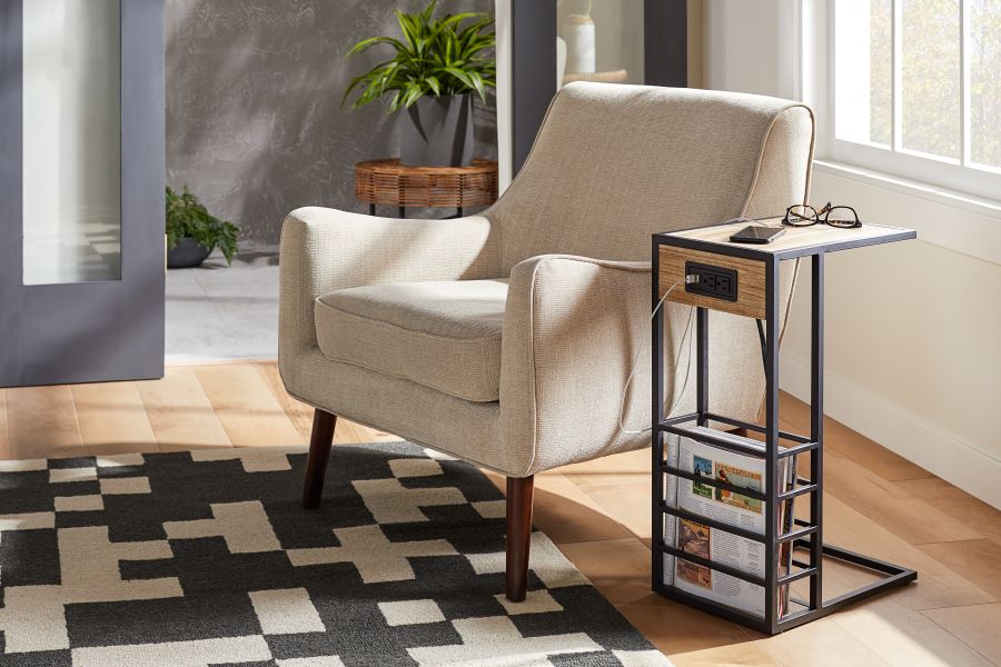 Arm chair next to a smart side table