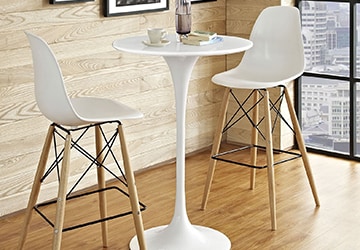 Postmodern bar table with two white bar stools